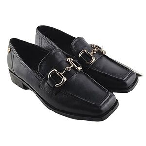 NWT Carmela Women's Black Leather Loafer Low Block Heel Square Toe Size 37